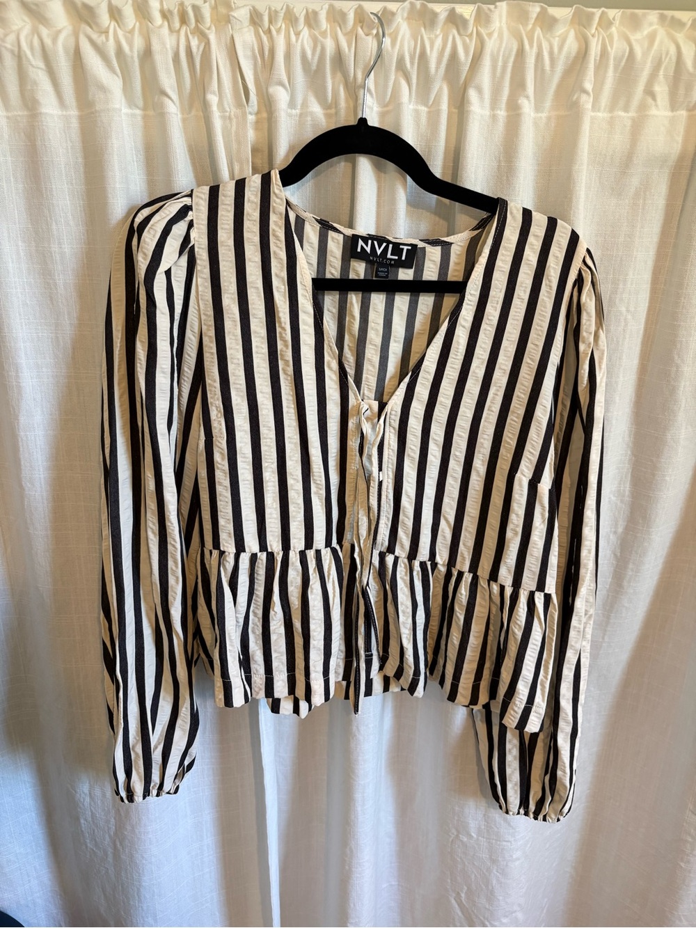 NVLT Black and Cream Vertical Stripe Peplum Tie-Front Blouse
